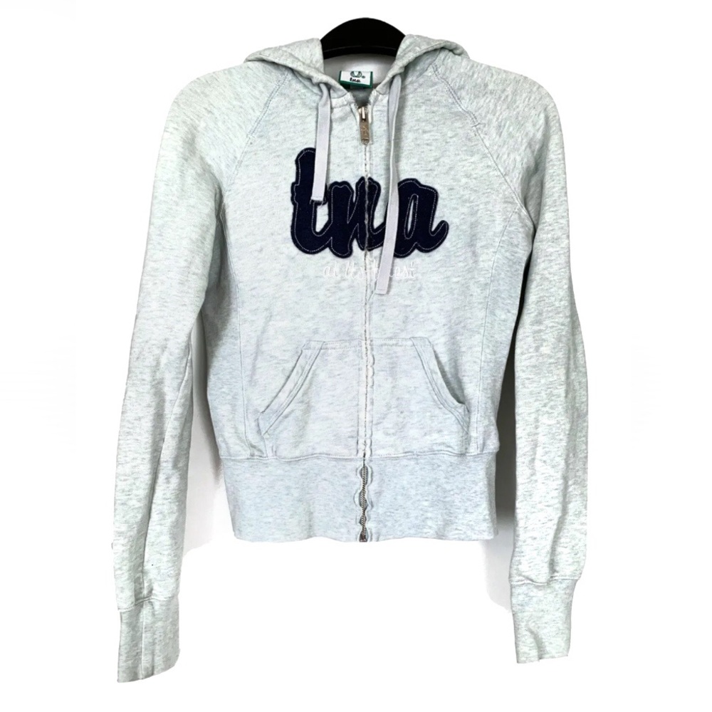 Aritzia TNA Sweater Zip Hoodie Light Blue Grey XS At It’s Finest Pockets Preppy